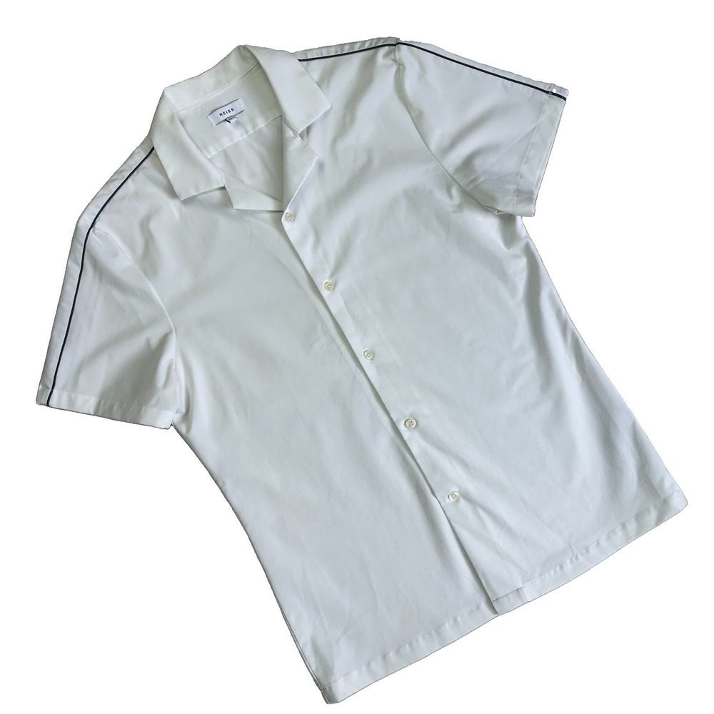 Reiss Cuban Collar Shirt Button Short Sleeve Pilot Men M White Gray Piping